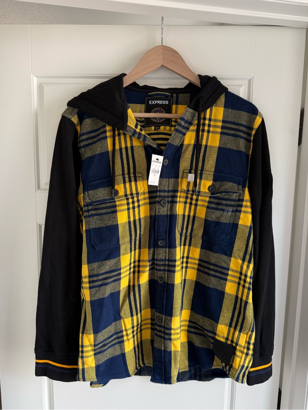 Men's NBA Denver Nuggets Hooded Plaid Button-Up Jacket - Yellow & Navy - Picture 3 of 9